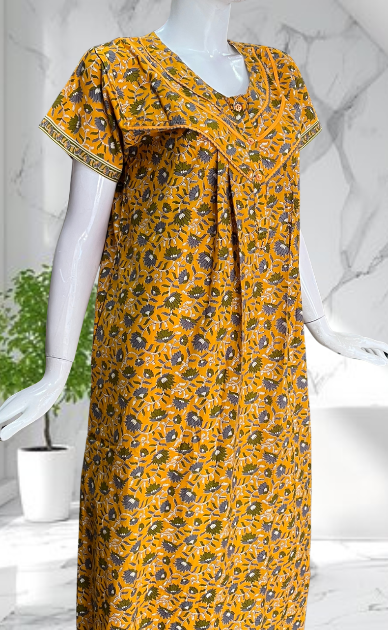 Yellow Floral Pure Cotton Nighty. Pure Durable Cotton | Laces and Frills