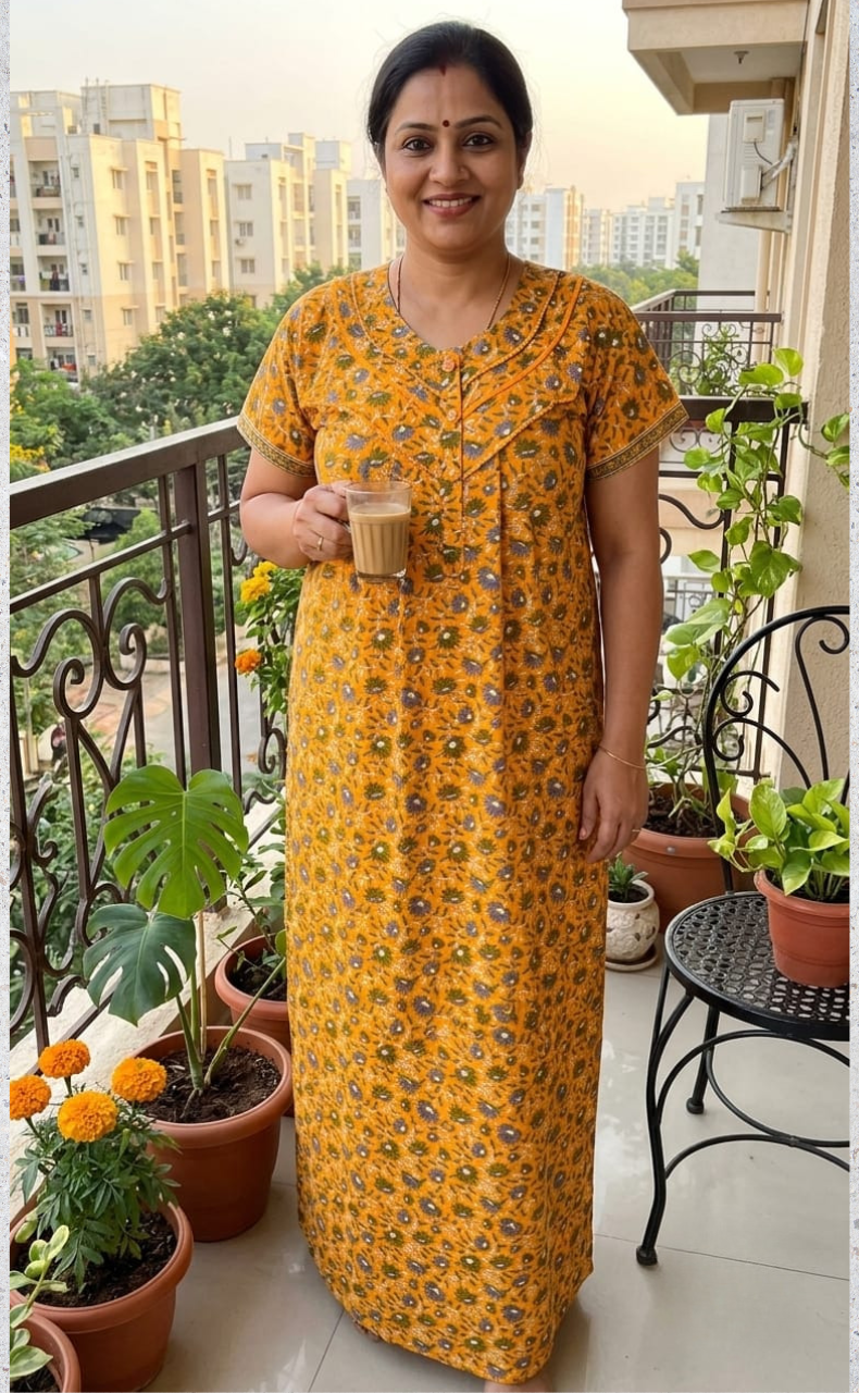Yellow Floral Pure Cotton Nighty. Pure Durable Cotton | Laces and Frills