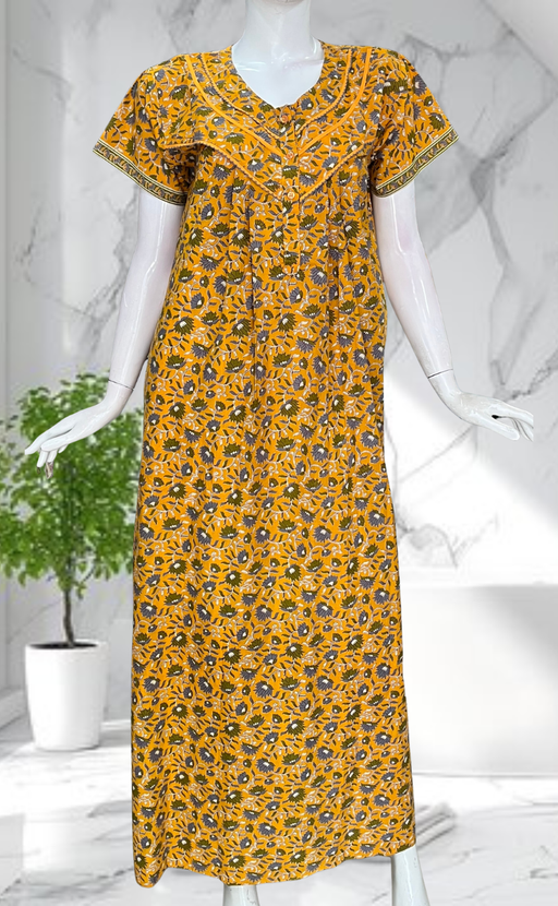 Yellow Floral Pure Cotton Nighty. Pure Durable Cotton | Laces and Frills - Laces and Frills