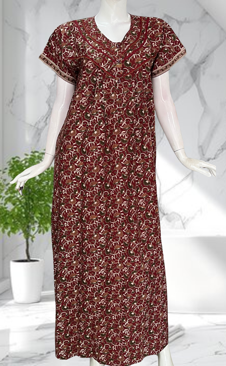 Maroon Floral Pure Cotton Nighty. Pure Durable Cotton | Laces and Frills