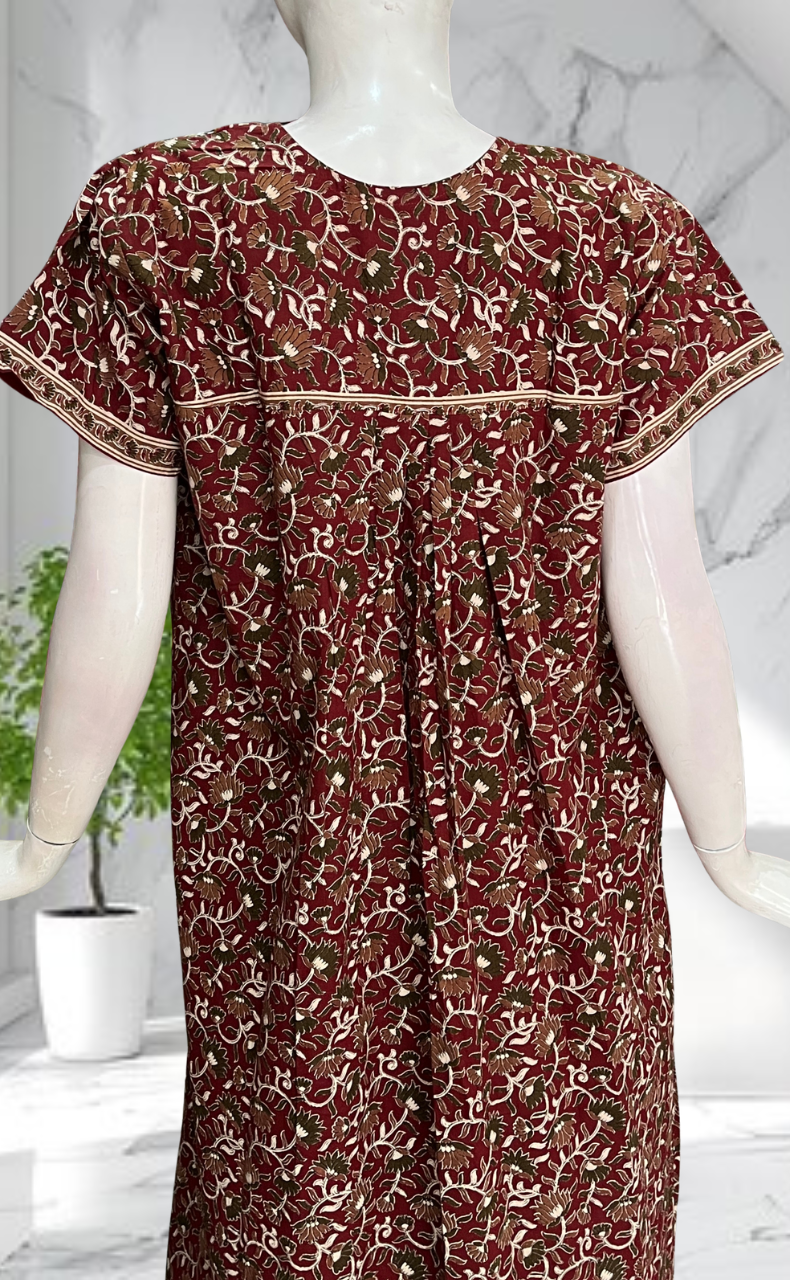 Maroon Floral Pure Cotton Nighty. Pure Durable Cotton | Laces and Frills