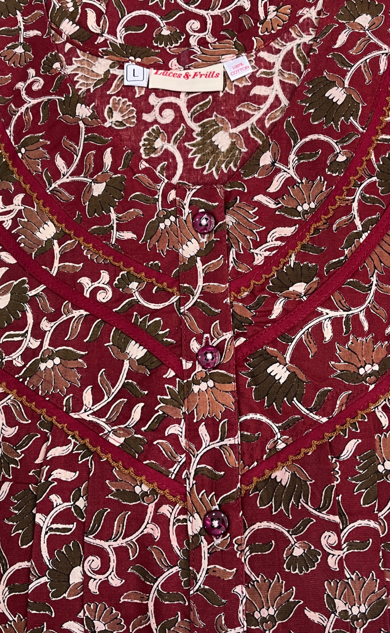Maroon Floral Pure Cotton Nighty. Pure Durable Cotton | Laces and Frills