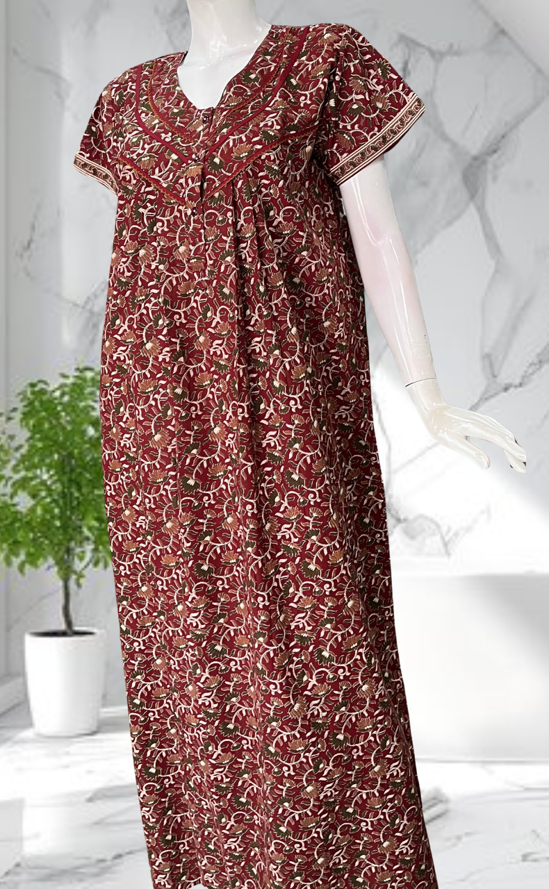 Maroon Floral Pure Cotton Nighty. Pure Durable Cotton | Laces and Frills