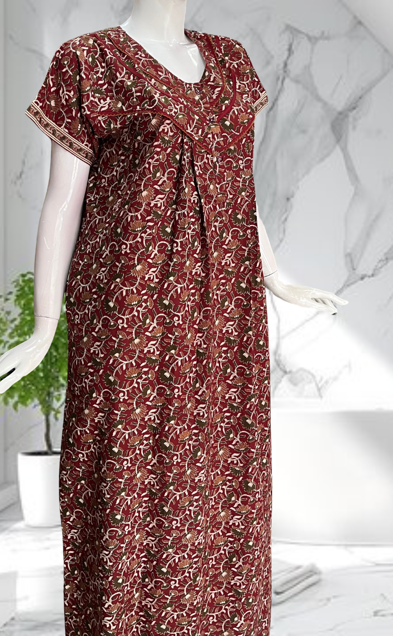 Maroon Floral Pure Cotton Nighty. Pure Durable Cotton | Laces and Frills