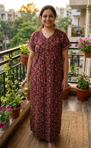 Maroon Floral Pure Cotton Nighty. Pure Durable Cotton | Laces and Frills - Laces and Frills