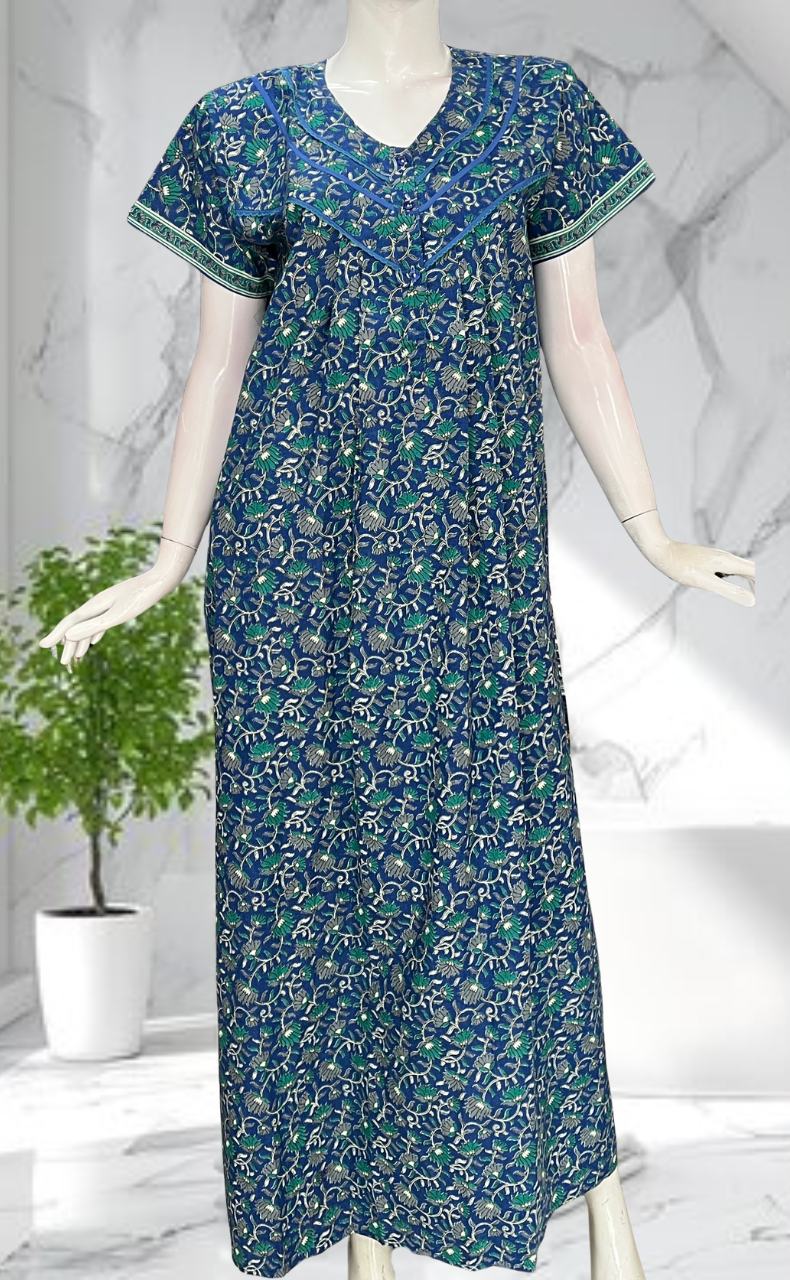 Blue Floral Pure Cotton Nighty. Pure Durable Cotton | Laces and Frills