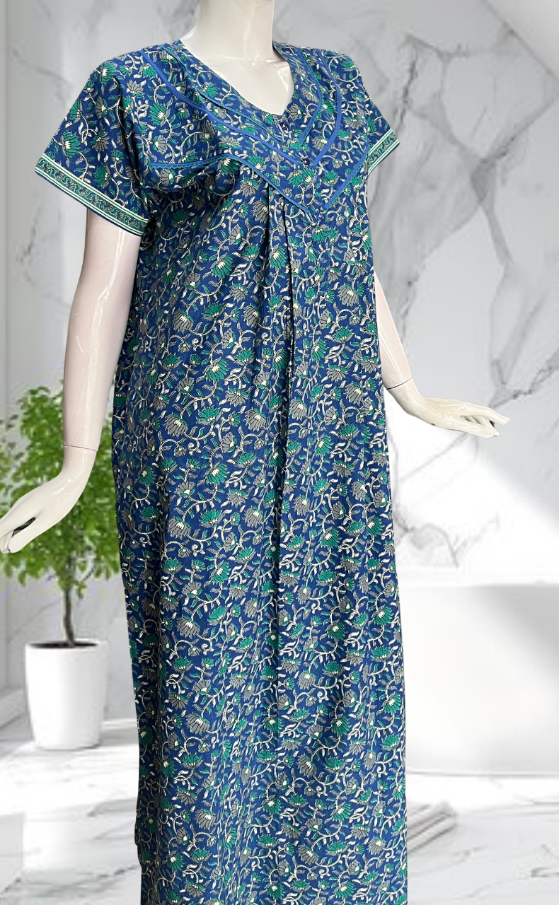 Blue Floral Pure Cotton Nighty. Pure Durable Cotton | Laces and Frills