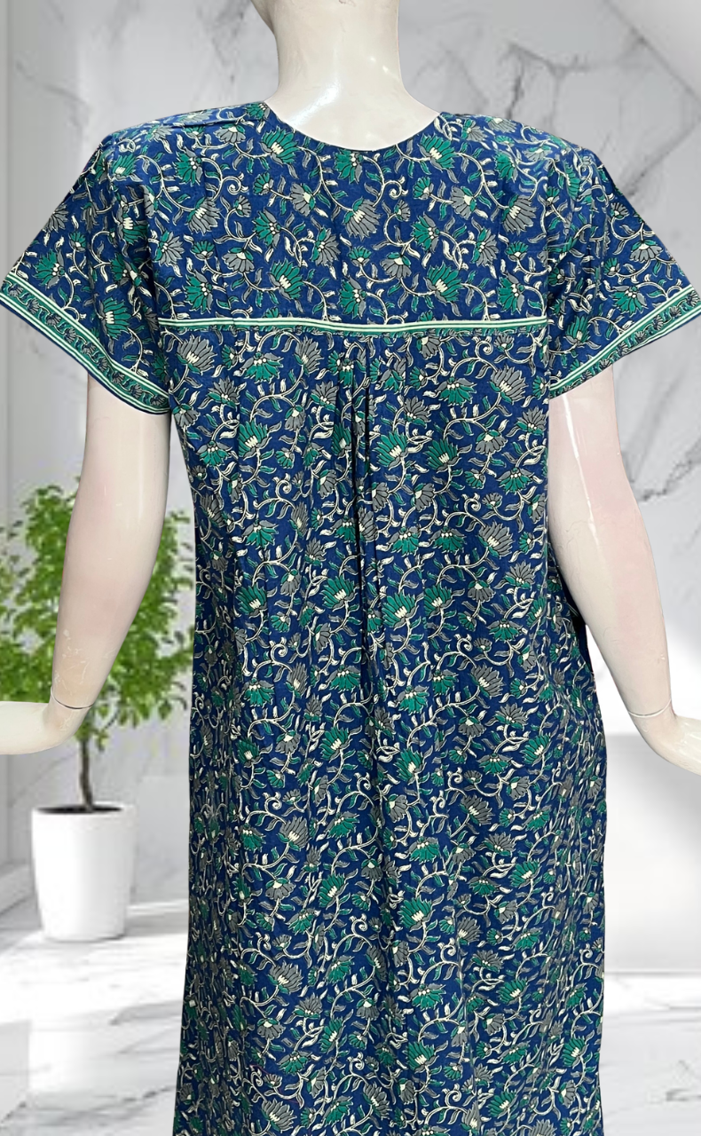 Blue Floral Pure Cotton Nighty. Pure Durable Cotton | Laces and Frills