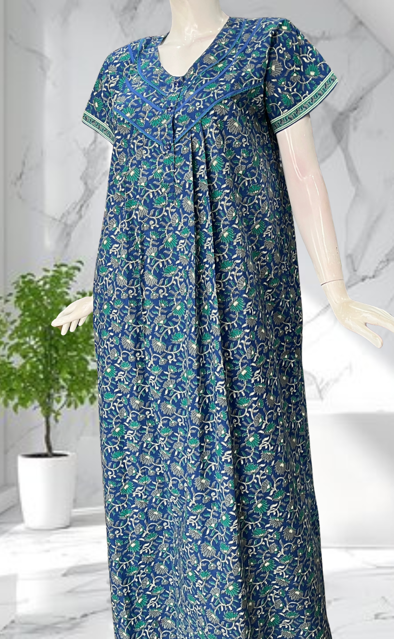 Blue Floral Pure Cotton Nighty. Pure Durable Cotton | Laces and Frills