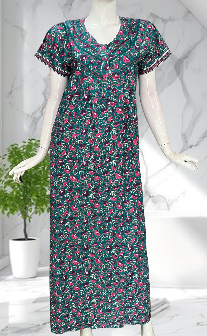 Sea Green Floral Pure Cotton Nighty. Pure Durable Cotton | Laces and Frills