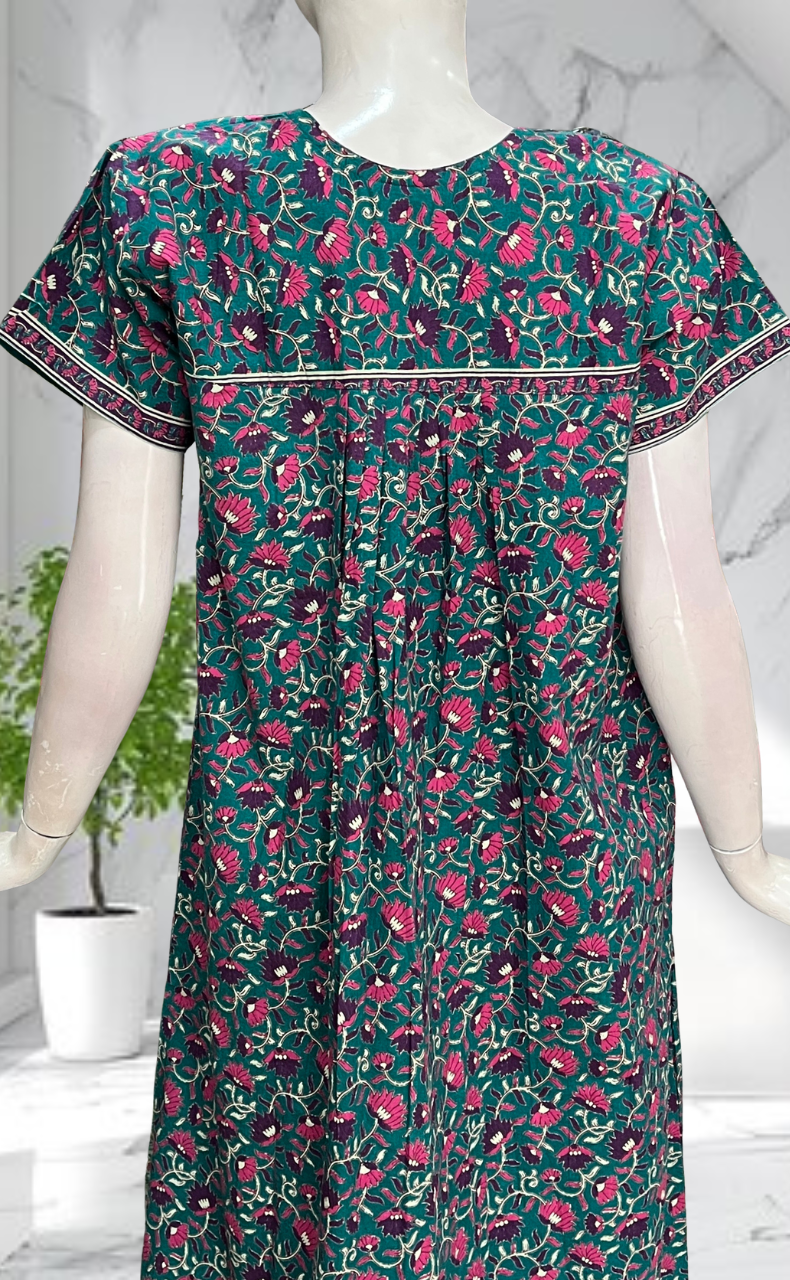 Sea Green Floral Pure Cotton Nighty. Pure Durable Cotton | Laces and Frills
