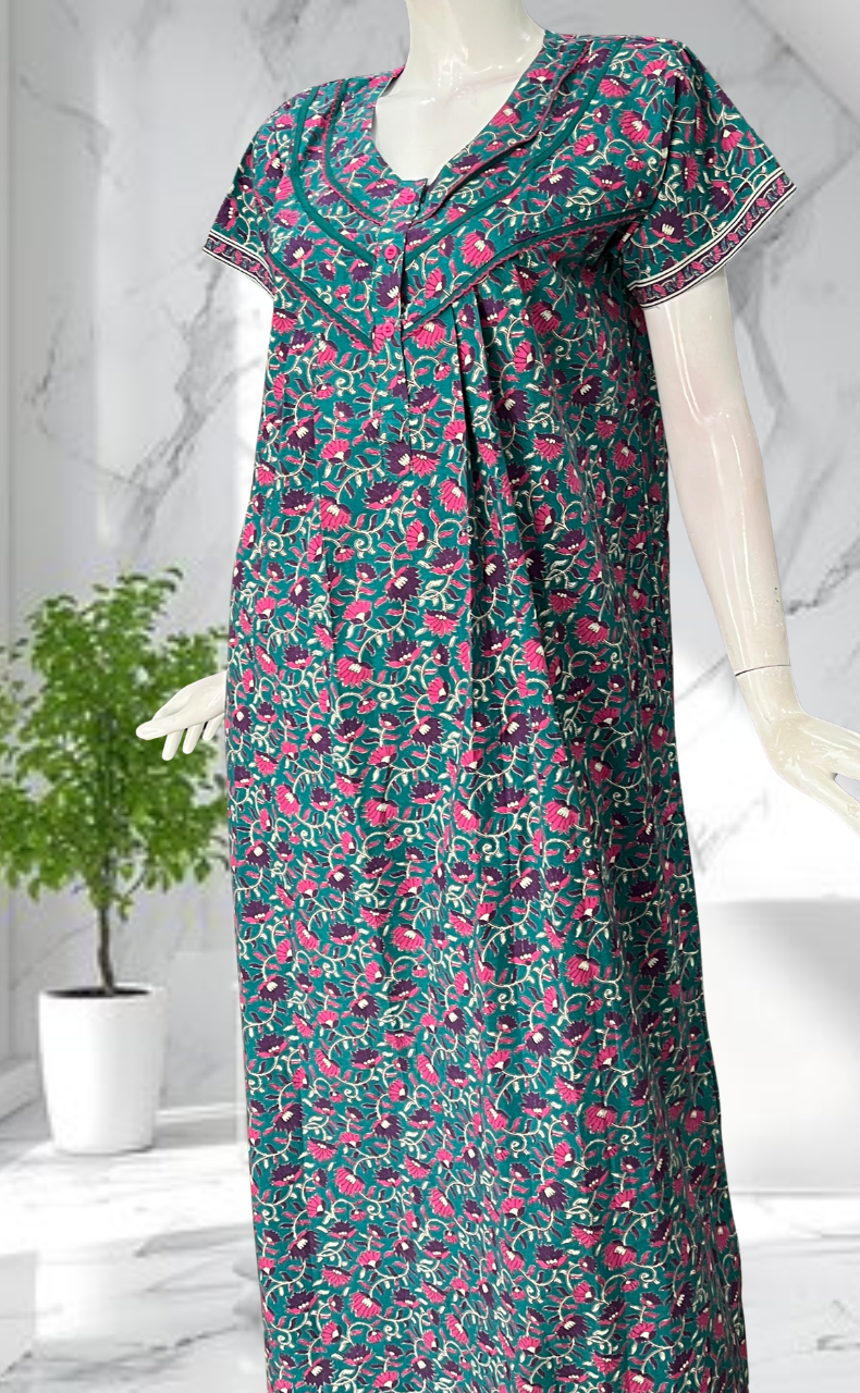 Sea Green Floral Pure Cotton Nighty. Pure Durable Cotton | Laces and Frills