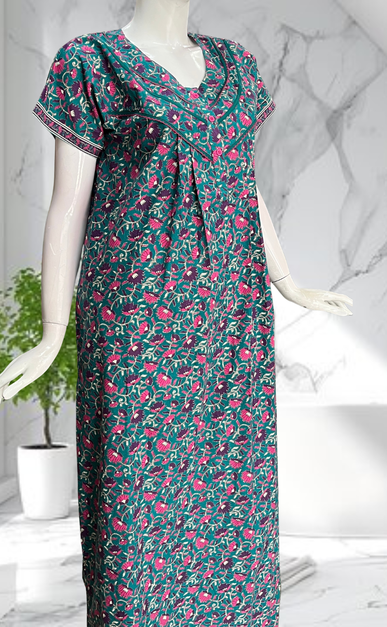 Sea Green Floral Pure Cotton Nighty. Pure Durable Cotton | Laces and Frills