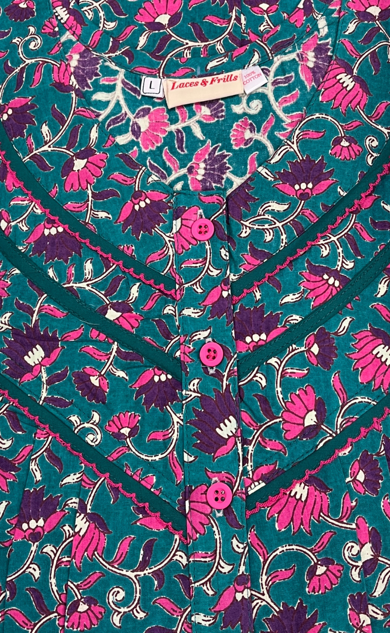 Sea Green Floral Pure Cotton Nighty. Pure Durable Cotton | Laces and Frills