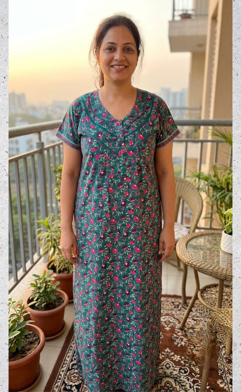 Sea Green Floral Pure Cotton Nighty. Pure Durable Cotton | Laces and Frills