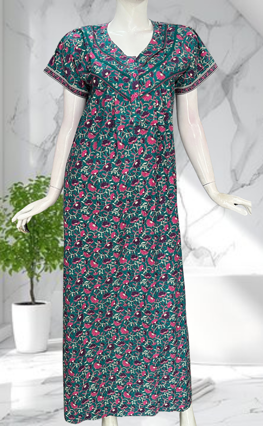 Sea Green Floral Pure Cotton Nighty. Pure Durable Cotton | Laces and Frills - Laces and Frills