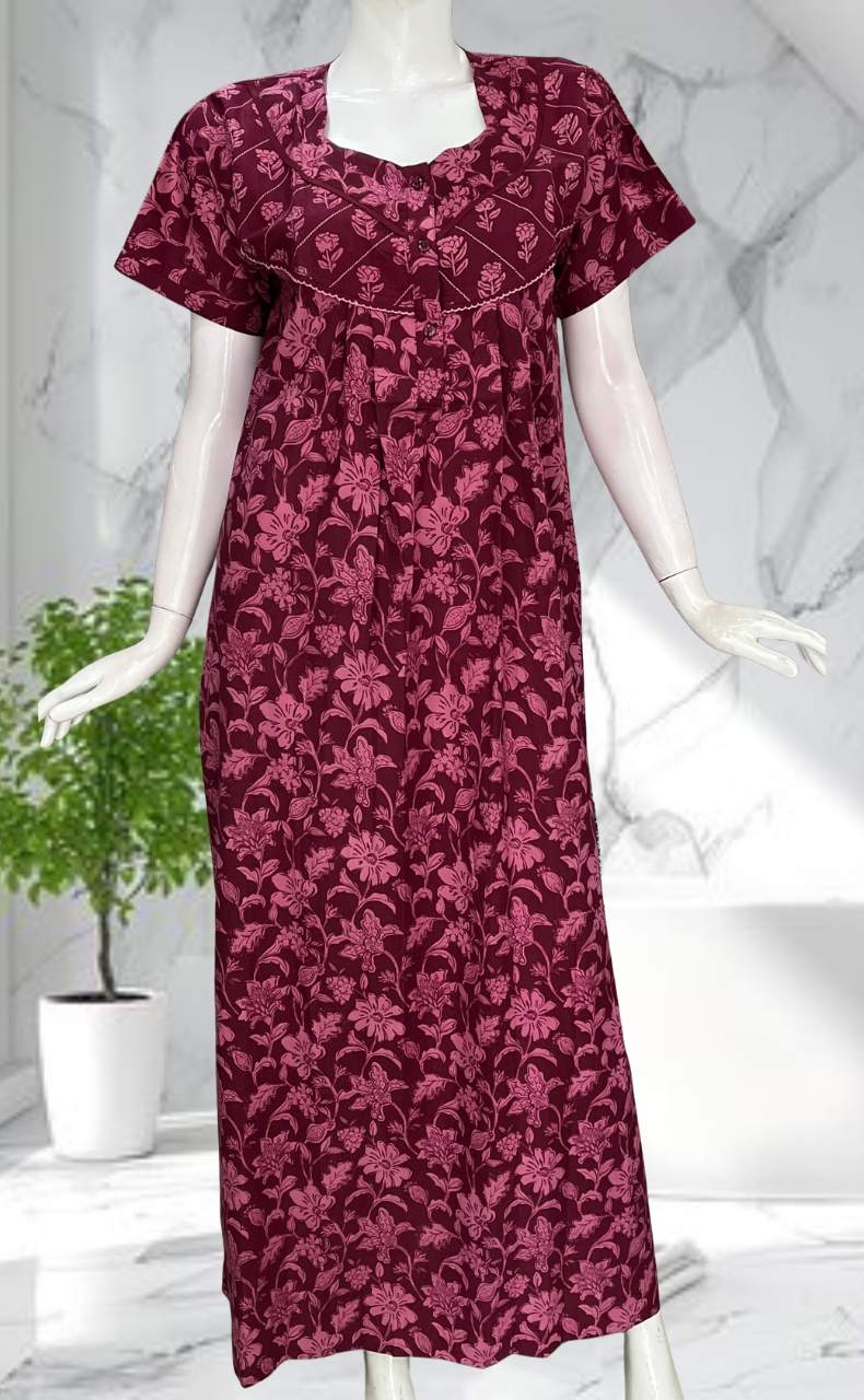 Beetroot Pink Garden Pure Cotton Nighty. Pure Durable Cotton | Laces and Frills