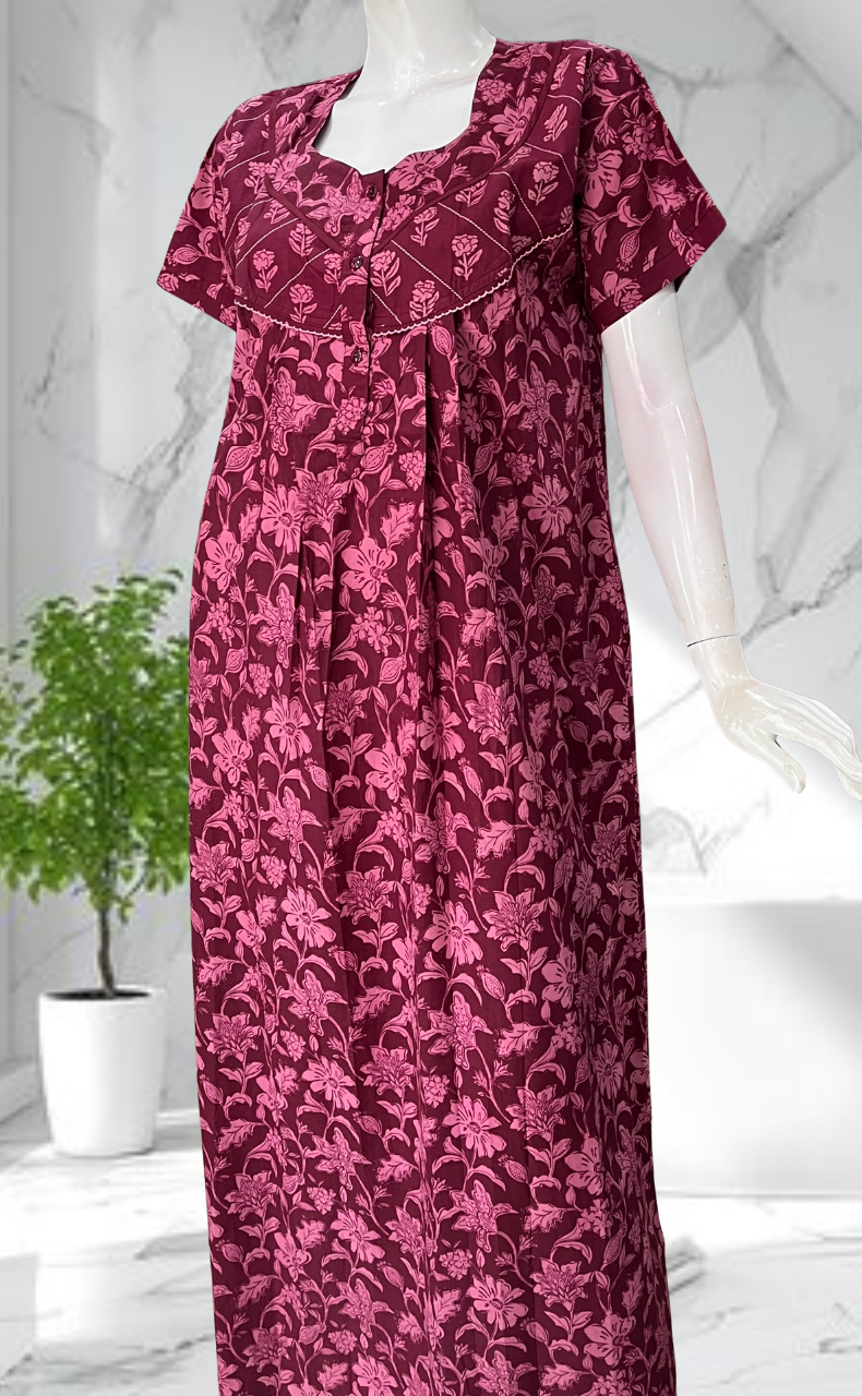 Beetroot Pink Garden Pure Cotton Nighty. Pure Durable Cotton | Laces and Frills