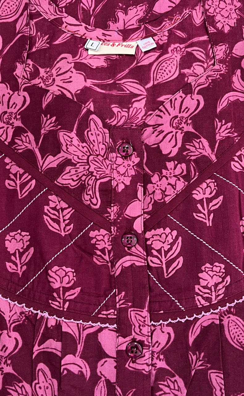 Beetroot Pink Garden Pure Cotton Nighty. Pure Durable Cotton | Laces and Frills