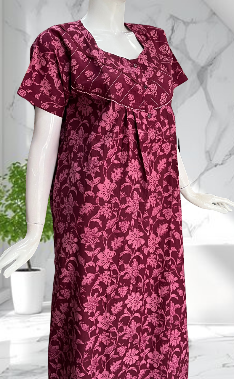 Beetroot Pink Garden Pure Cotton Nighty. Pure Durable Cotton | Laces and Frills