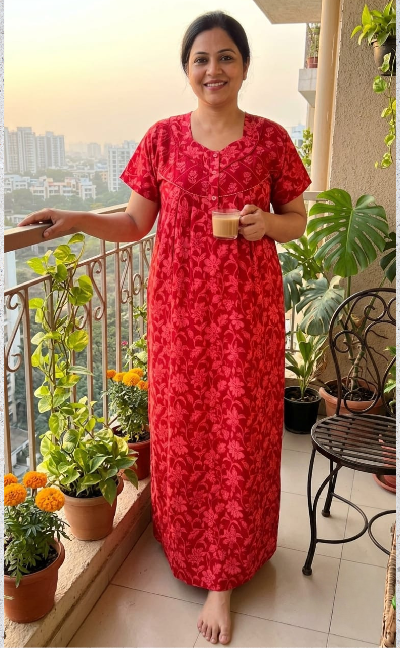 Red Garden Pure Cotton Nighty. Pure Durable Cotton | Laces and Frills