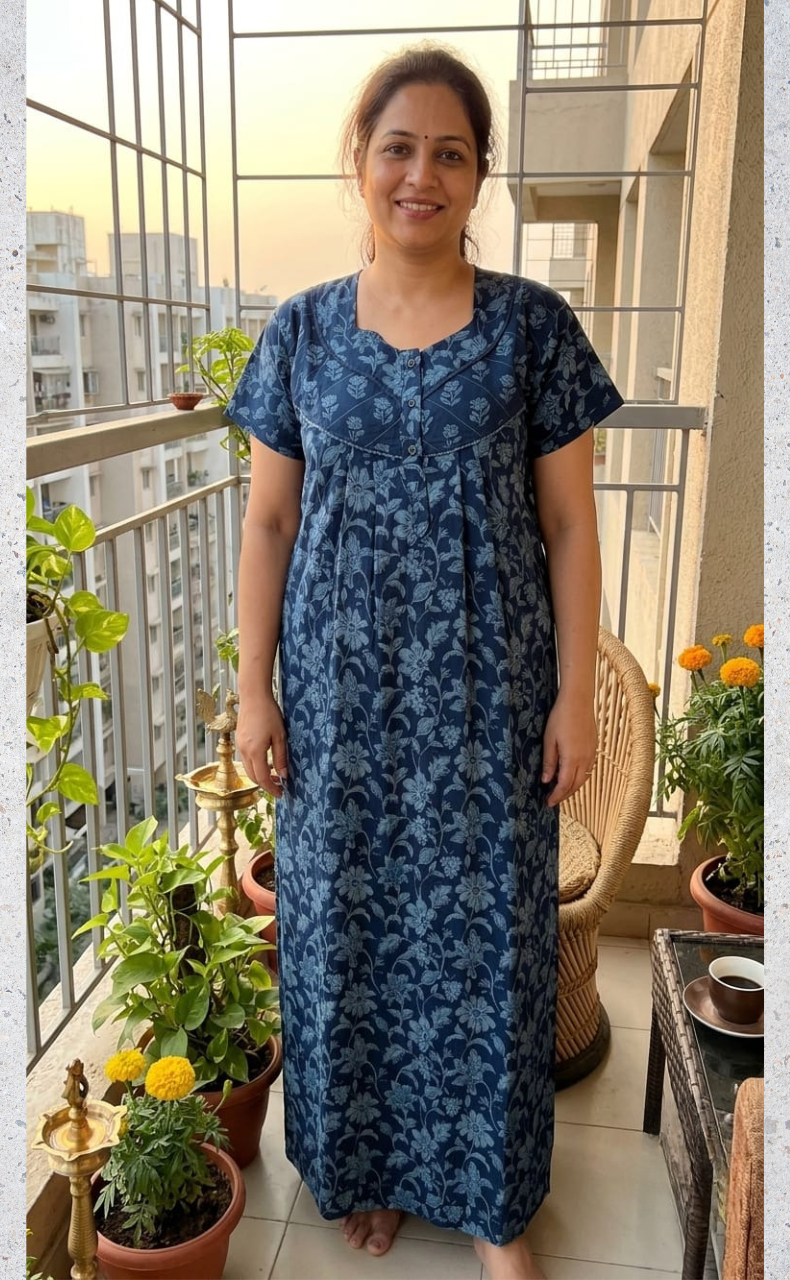Blue Garden Pure Cotton Nighty. Pure Durable Cotton | Laces and Frills