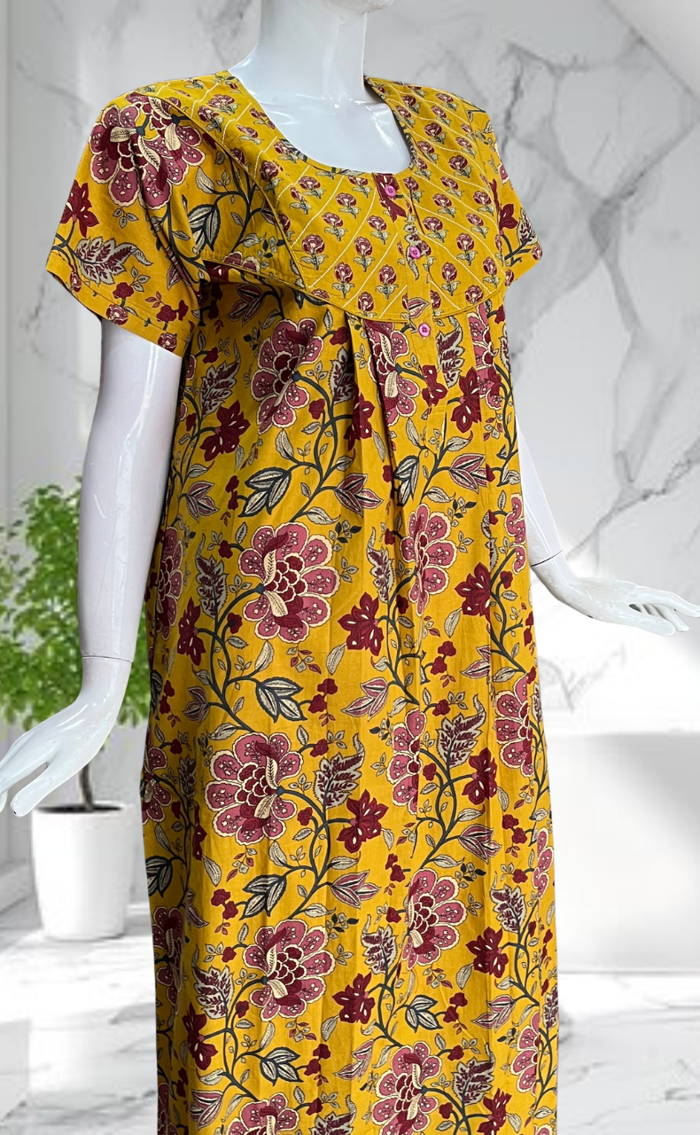 Yellow Garden Pure Cotton Nighty. Pure Durable Cotton | Laces and Frills