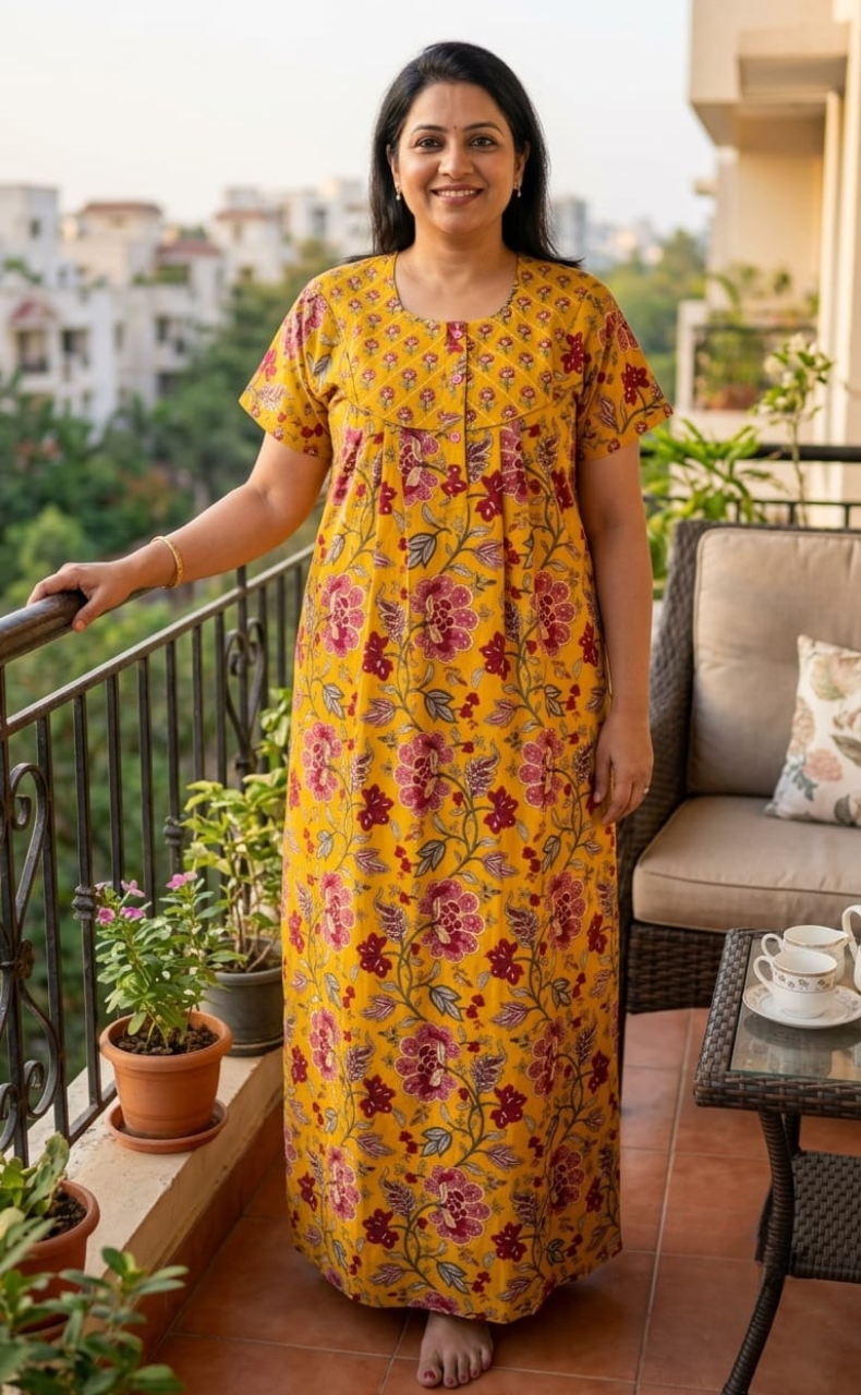 Yellow Garden Pure Cotton Nighty. Pure Durable Cotton | Laces and Frills