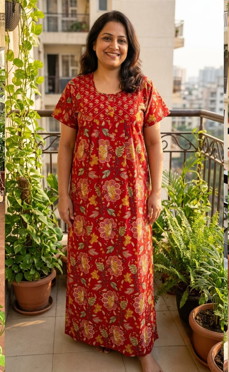 Red Garden Pure Cotton Nighty. Pure Durable Cotton | Laces and Frills