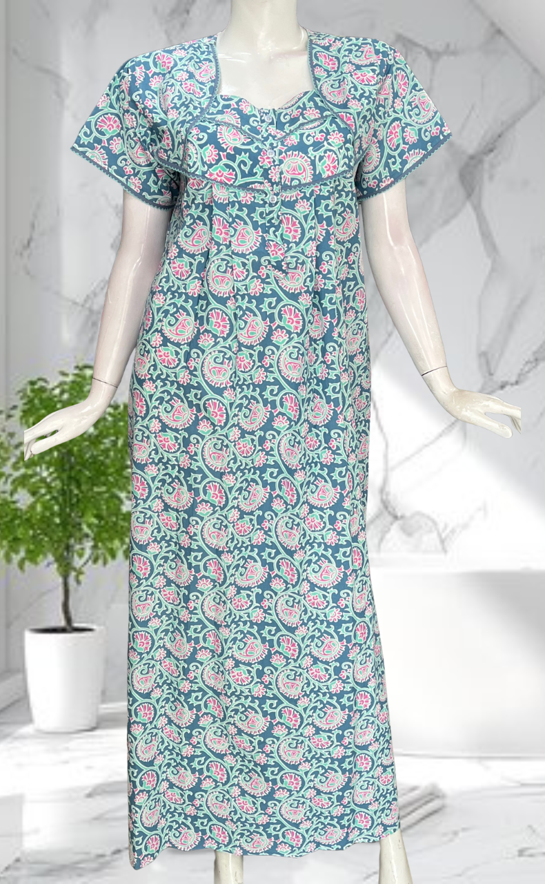 Sea Green Garden Pure Cotton Nighty. Pure Durable Cotton | Laces and Frills