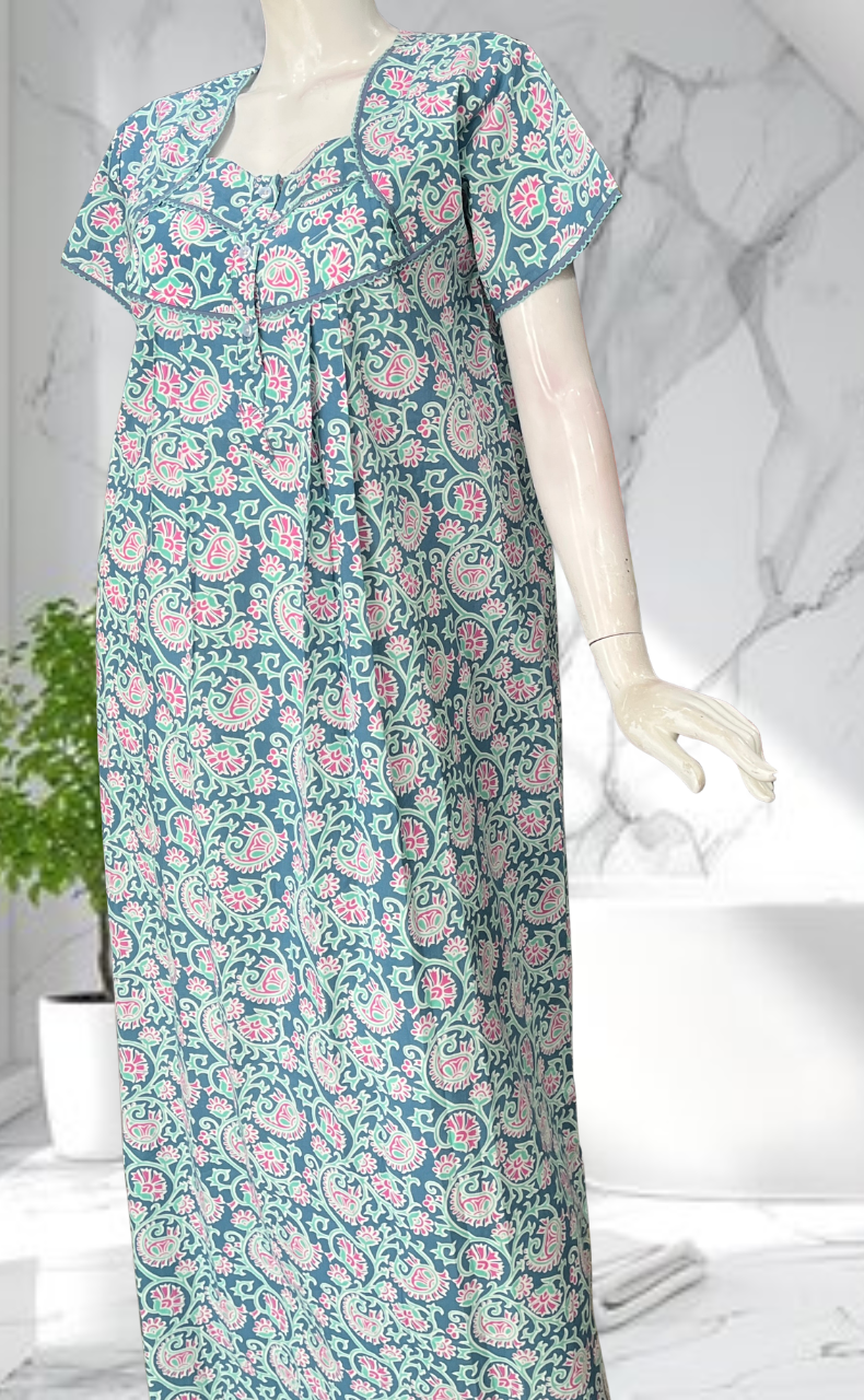Sea Green Garden Pure Cotton Nighty. Pure Durable Cotton | Laces and Frills