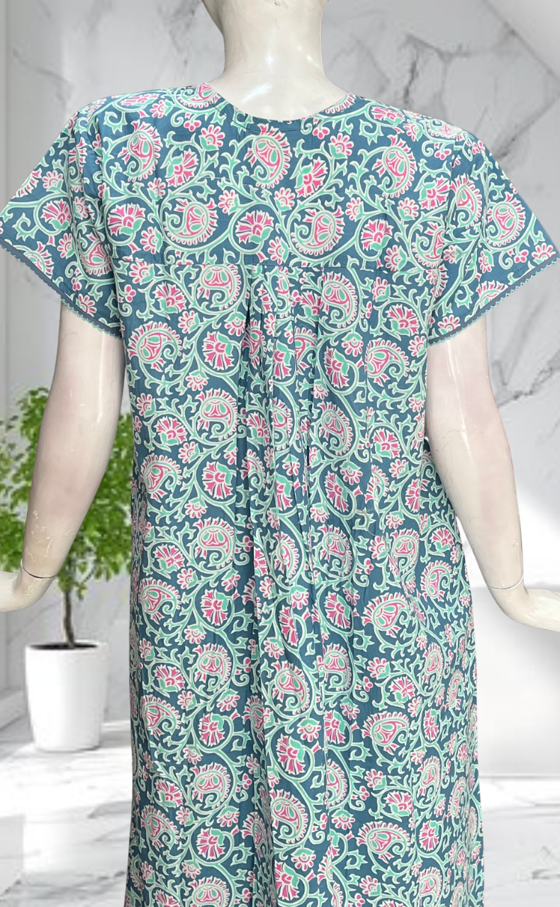 Sea Green Garden Pure Cotton Nighty. Pure Durable Cotton | Laces and Frills