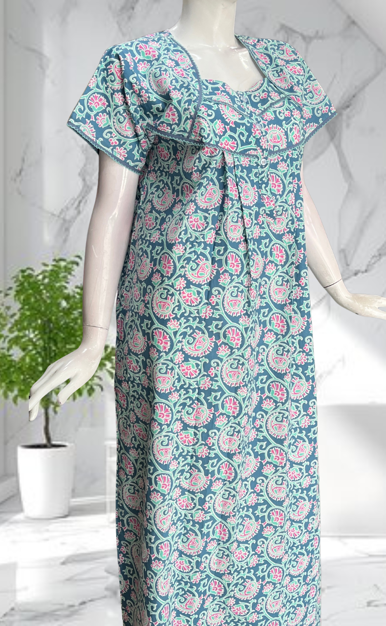 Sea Green Garden Pure Cotton Nighty. Pure Durable Cotton | Laces and Frills