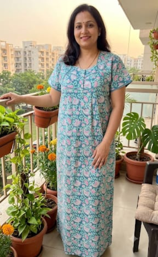 Sea Green Garden Pure Cotton Nighty. Pure Durable Cotton | Laces and Frills - Laces and Frills