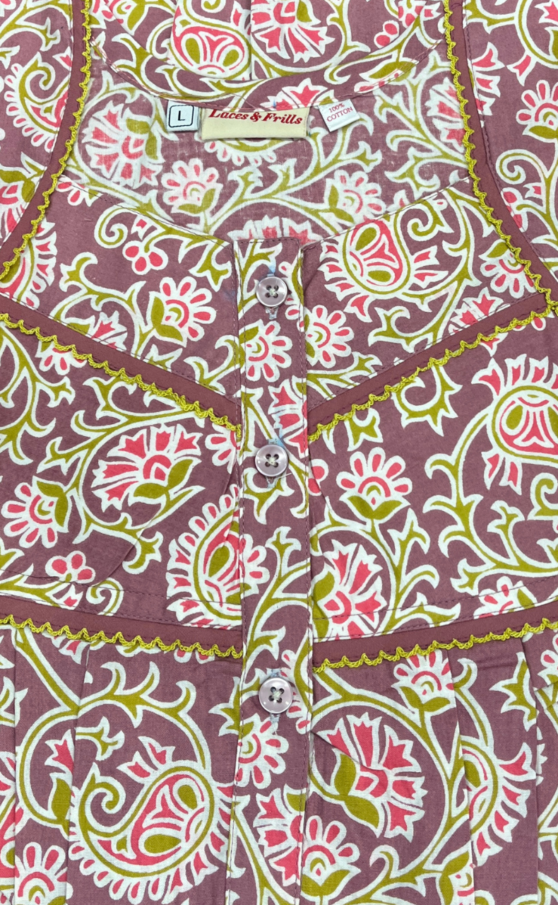 English Pink Garden Pure Cotton Nighty. Pure Durable Cotton | Laces and Frills