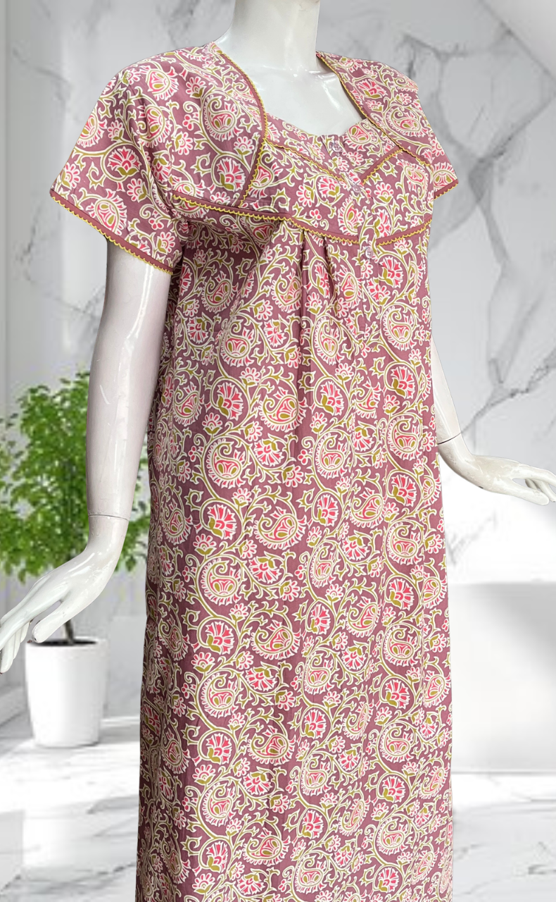 English Pink Garden Pure Cotton Nighty. Pure Durable Cotton | Laces and Frills