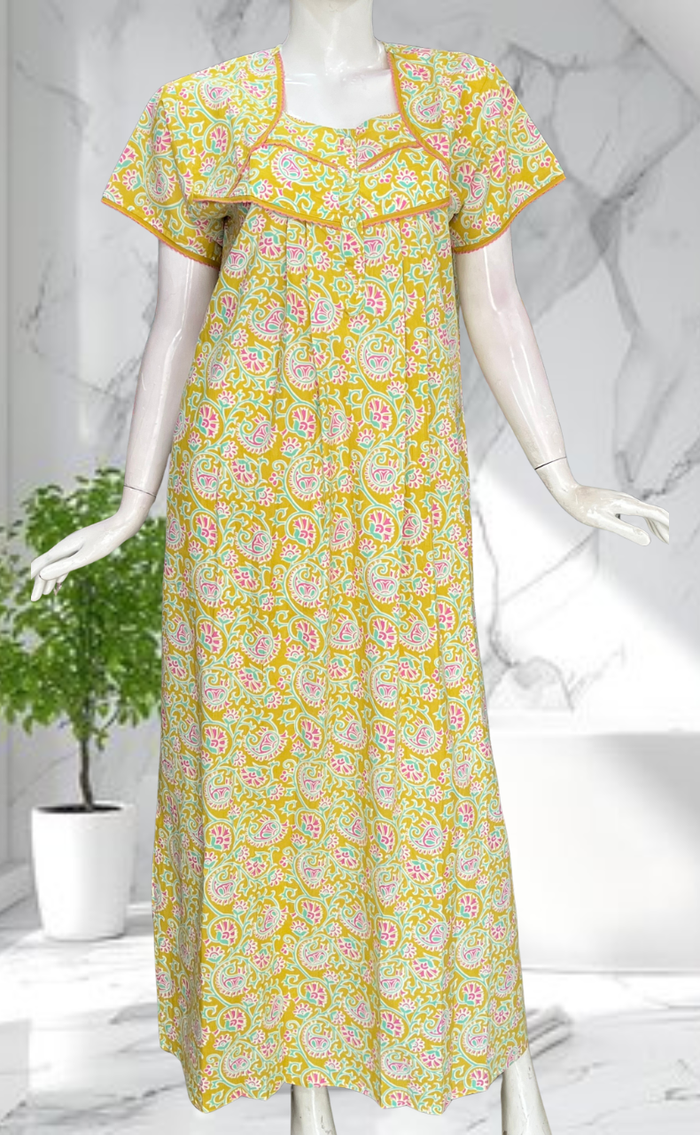 Yellow Garden Pure Cotton Nighty. Pure Durable Cotton | Laces and Frills