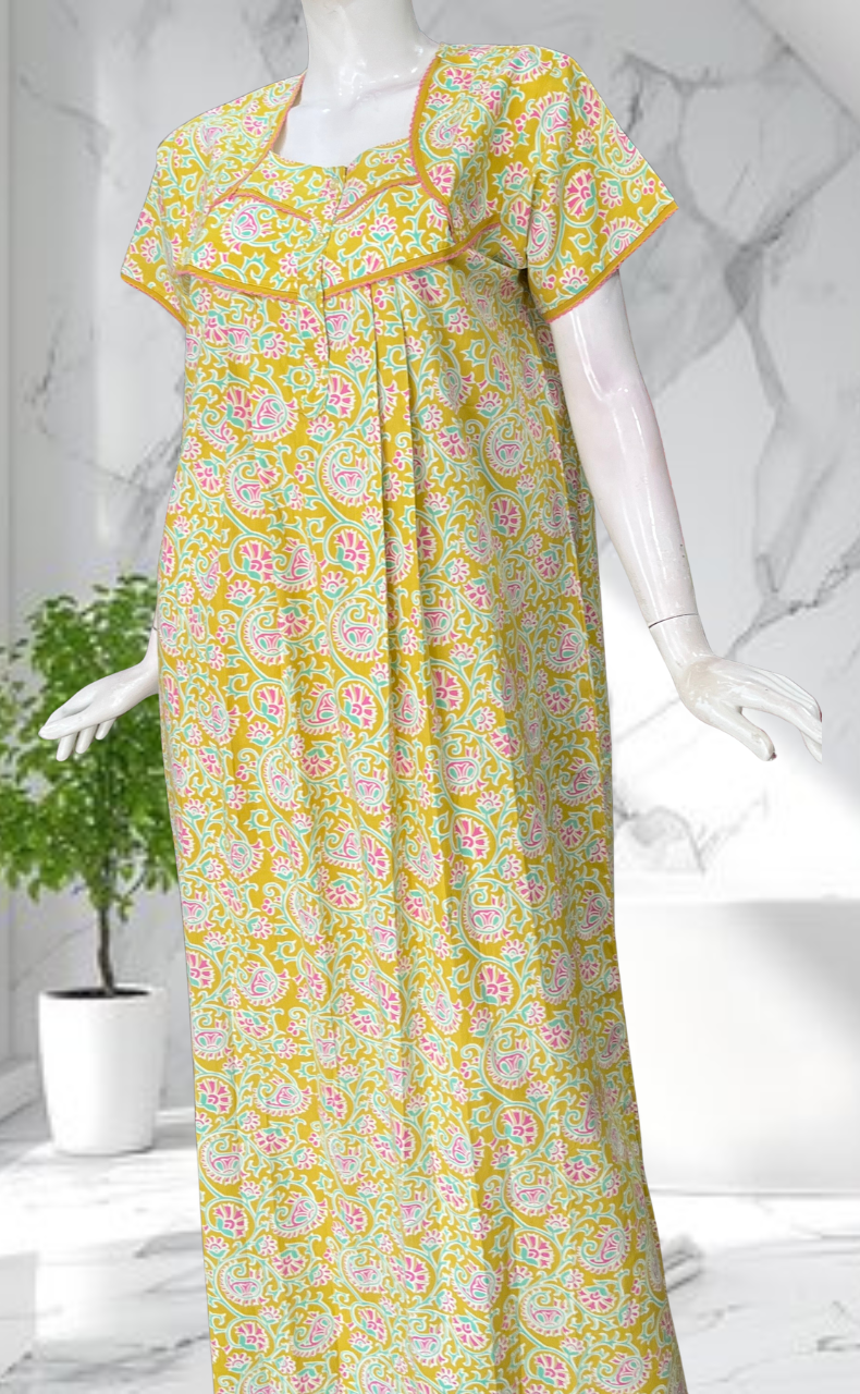 Yellow Garden Pure Cotton Nighty. Pure Durable Cotton | Laces and Frills