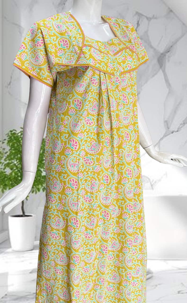 Yellow Garden Pure Cotton Nighty. Pure Durable Cotton | Laces and Frills