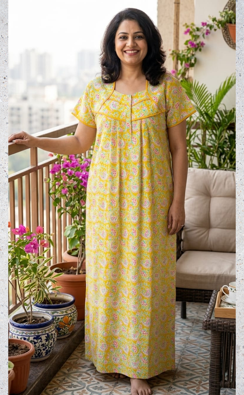 Yellow Garden Pure Cotton Nighty. Pure Durable Cotton | Laces and Frills