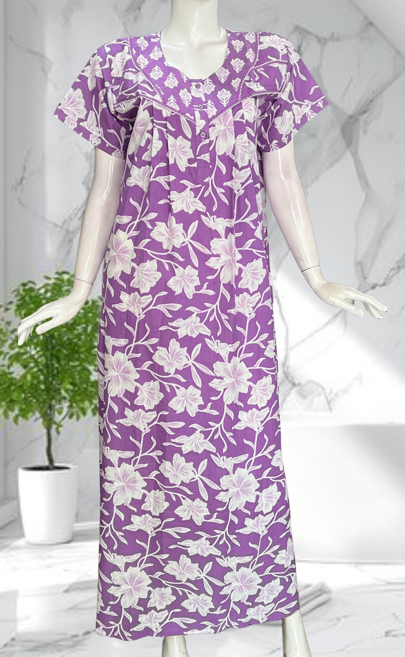 Lavender Floral Pure Cotton Nighty. Pure Durable Cotton | Laces and Frills