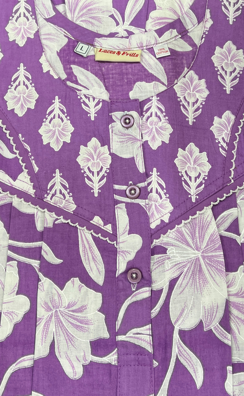 Lavender Floral Pure Cotton Nighty. Pure Durable Cotton | Laces and Frills