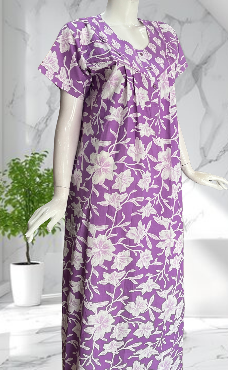 Lavender Floral Pure Cotton Nighty. Pure Durable Cotton | Laces and Frills