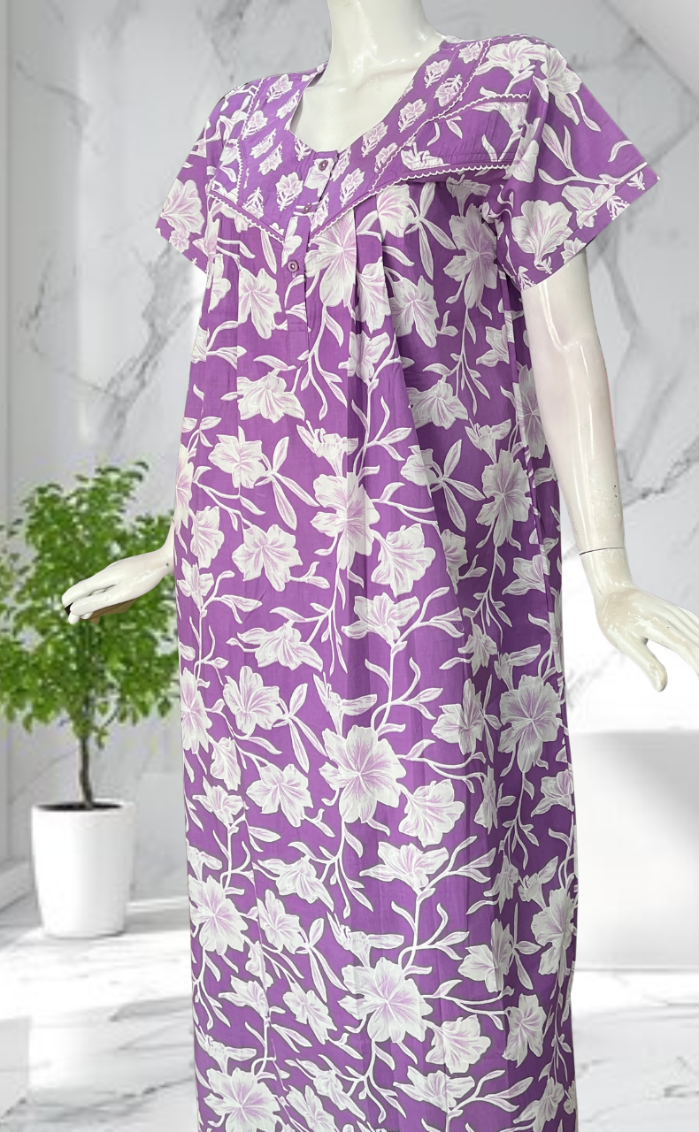 Lavender Floral Pure Cotton Nighty. Pure Durable Cotton | Laces and Frills