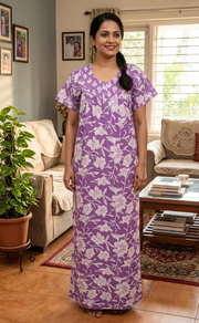 Lavender Floral Pure Cotton Nighty. Pure Durable Cotton | Laces and Frills - Laces and Frills