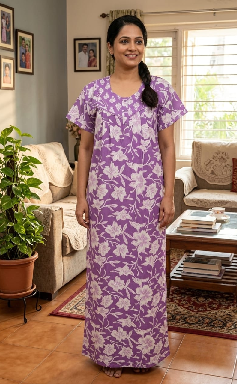 Lavender Floral Pure Cotton Nighty. Pure Durable Cotton | Laces and Frills - Laces and Frills