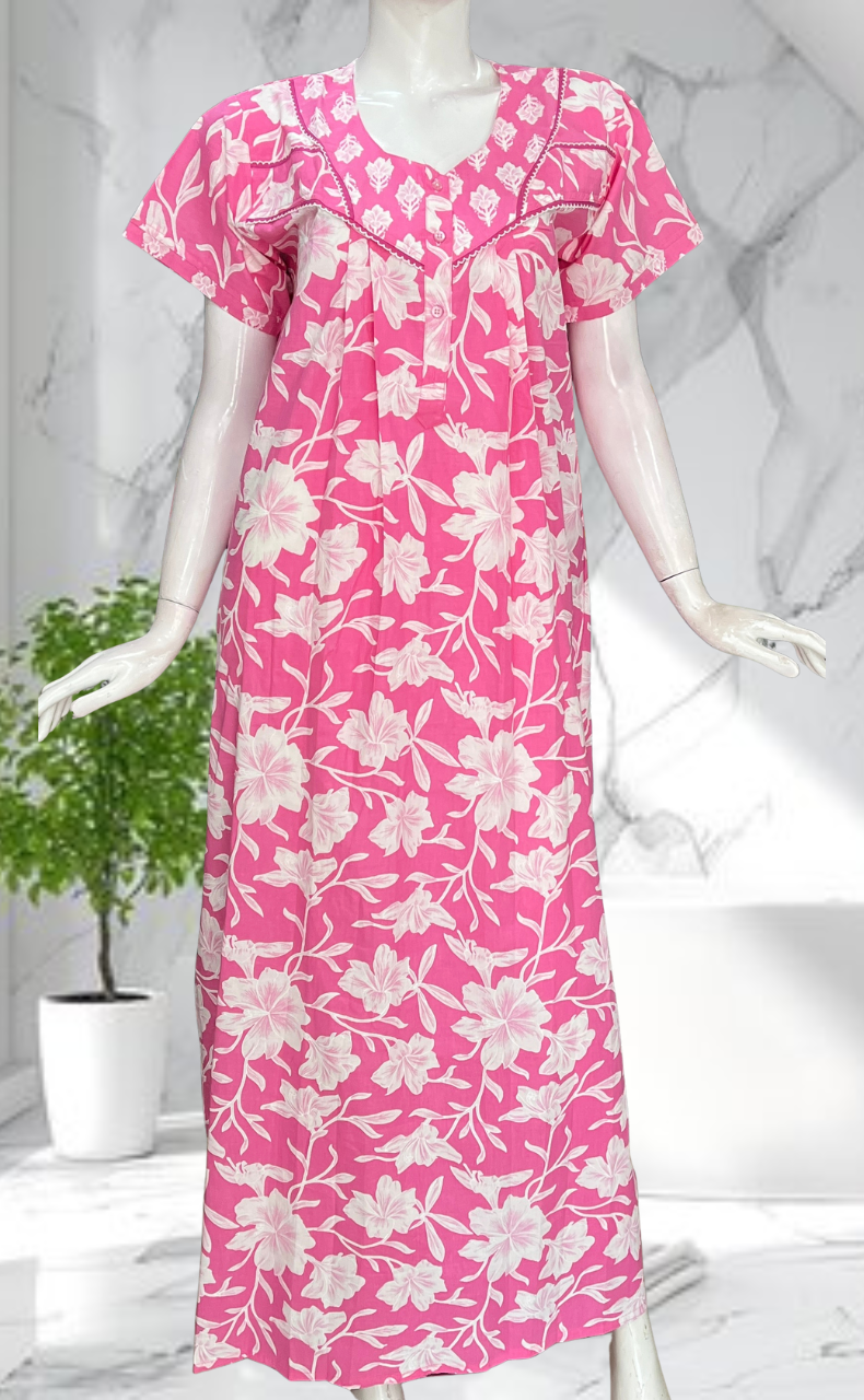 Pink Floral Pure Cotton Nighty. Pure Durable Cotton | Laces and Frills