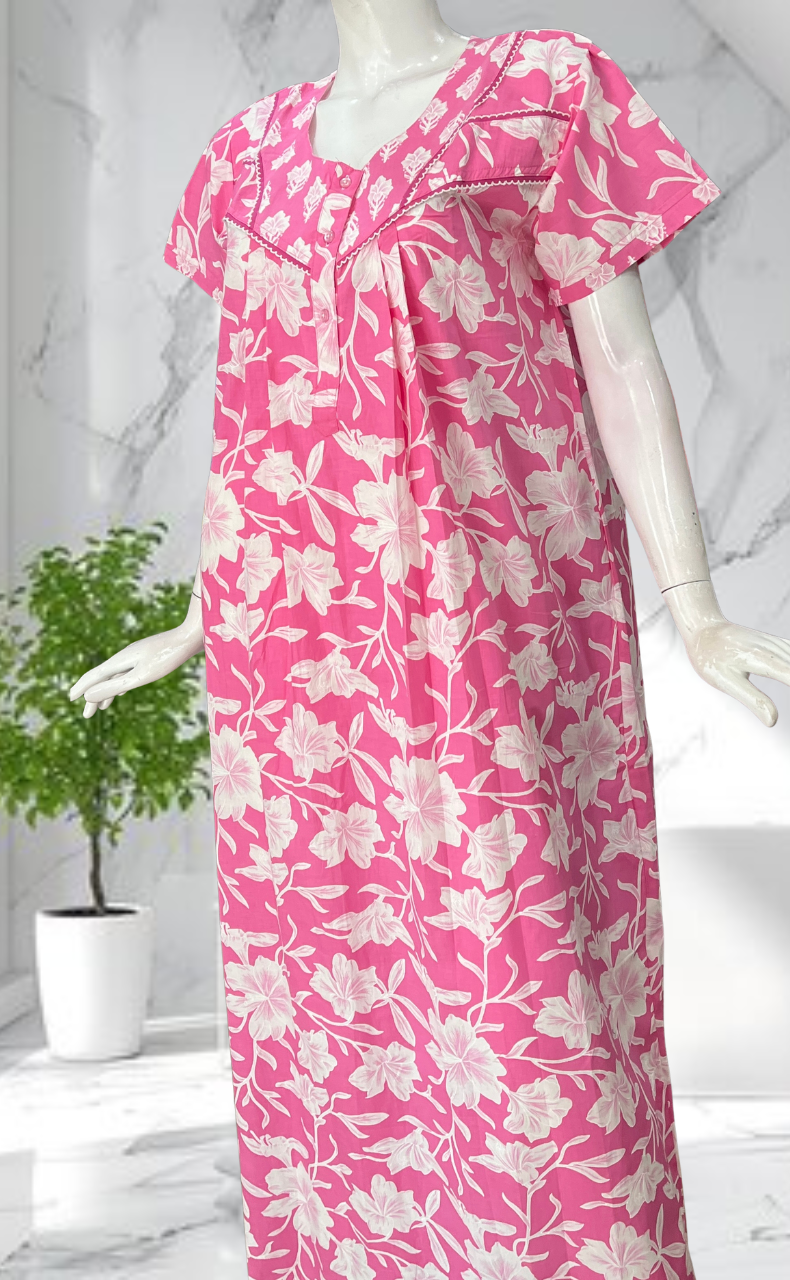 Pink Floral Pure Cotton Nighty. Pure Durable Cotton | Laces and Frills