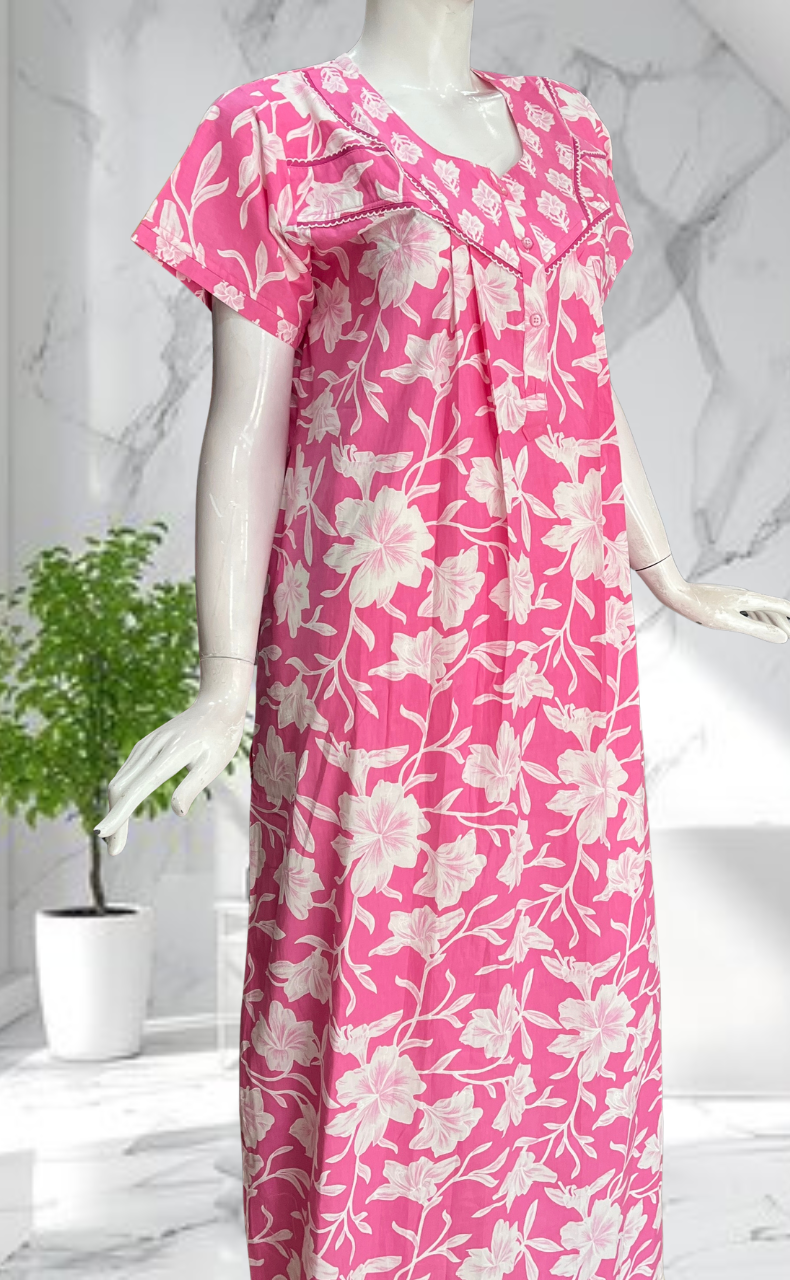 Pink Floral Pure Cotton Nighty. Pure Durable Cotton | Laces and Frills