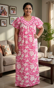Pink Floral Pure Cotton Nighty. Pure Durable Cotton | Laces and Frills - Laces and Frills